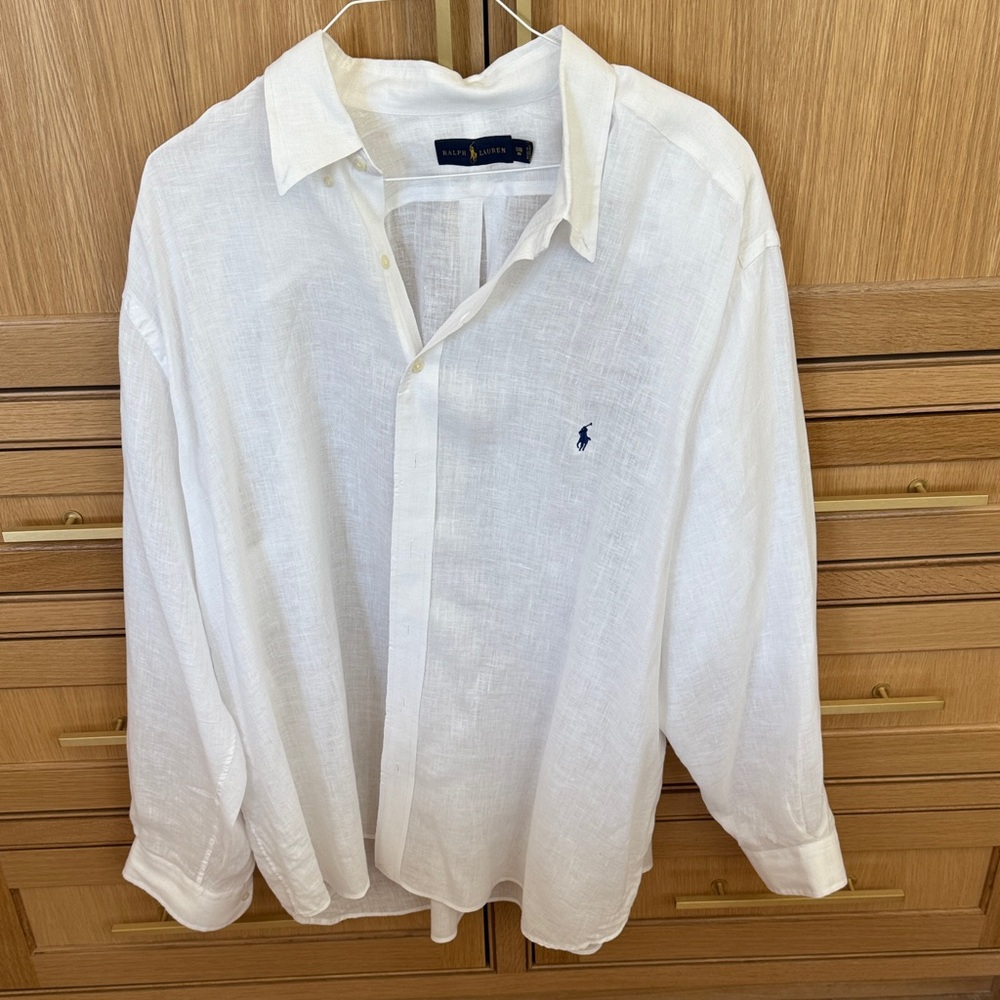 Ralph Lauren White Linen Button-Down Shirt with Navy Pony